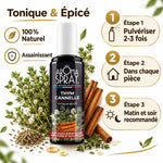 Aromaspray Thym Cannelle 100ml avec mode d'emploi, thym frais et bâtons de cannelle sur fond blanc