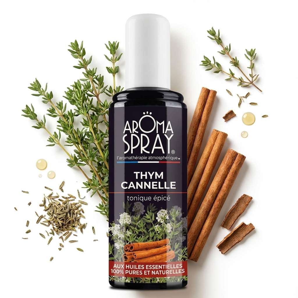 Aromaspray Thym Cannelle 100ml avec thym frais et bâtons de cannelle sur fond blanc