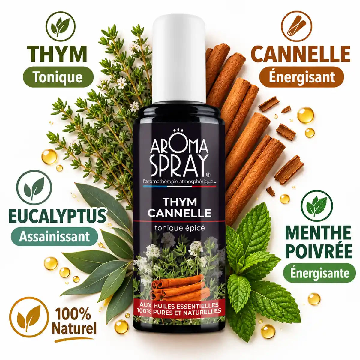 Aromaspray Thym Cannelle 100ml tonique épicé naturel avec ingrédients essentiels