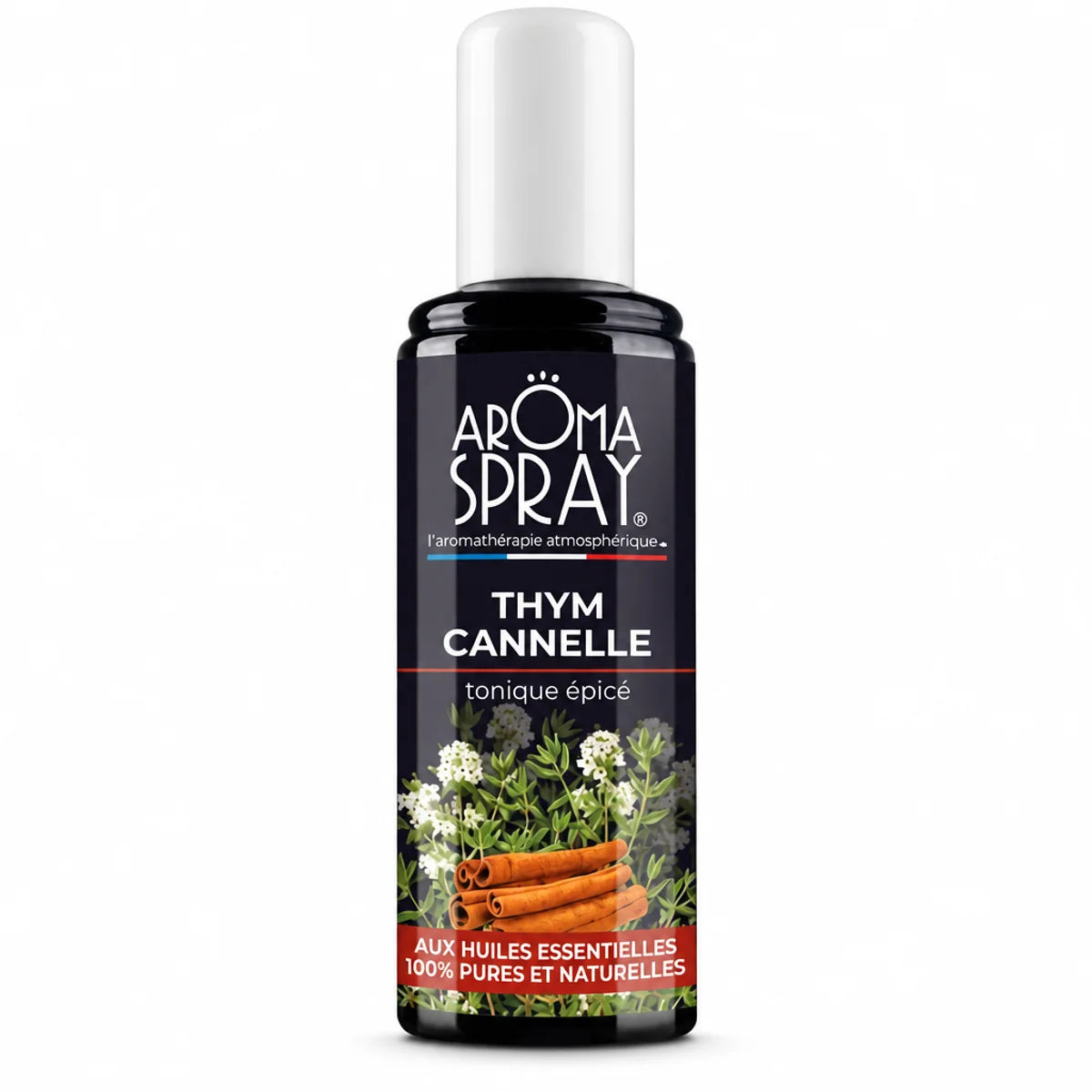 Aromaspray Thym Cannelle 100ml tonique épicé - Flacon spray blanc et bleu marine