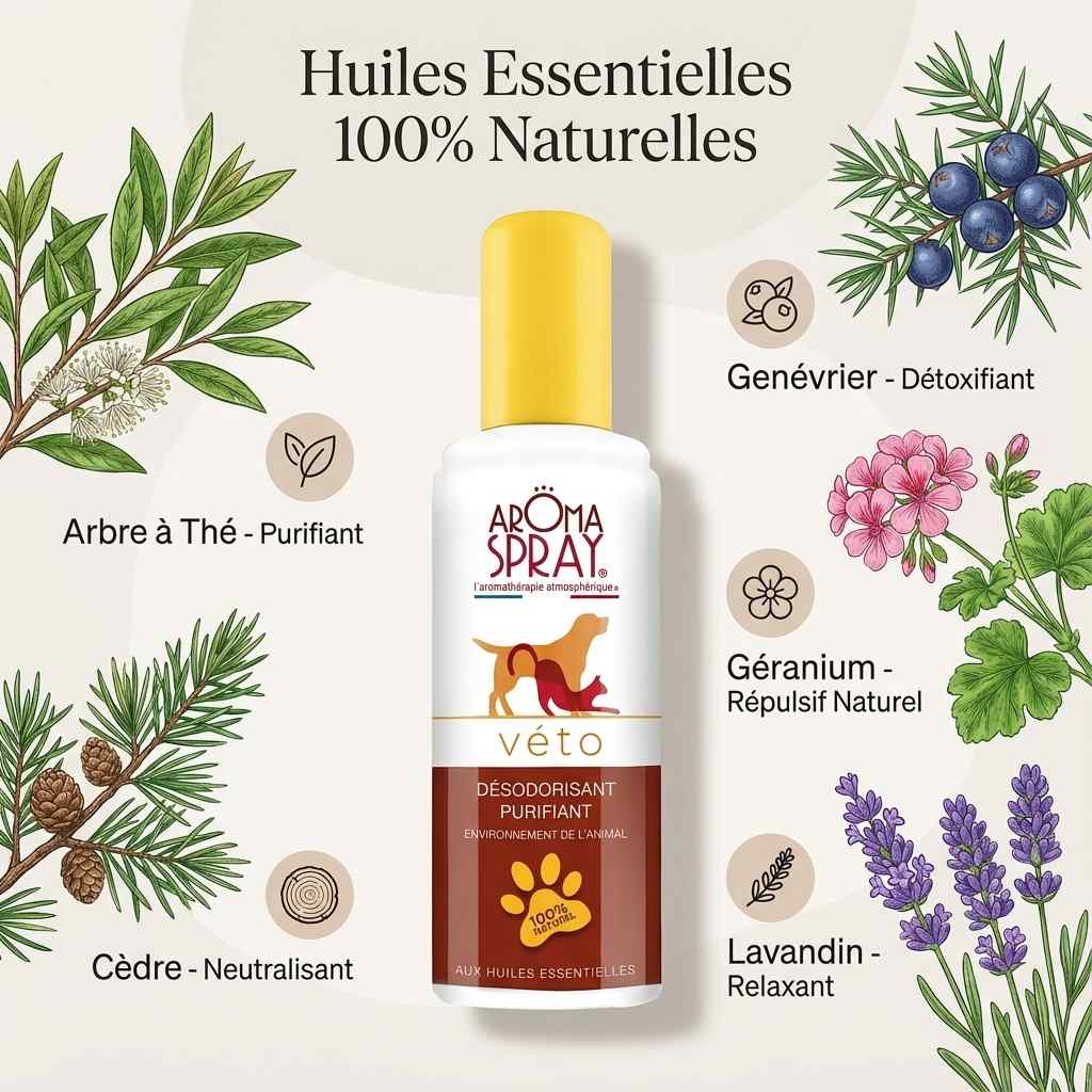 Aromaspray Véto 100ml avec huiles essentielles naturelles : arbre à thé, cèdre, genévrier, géranium et lavandin
