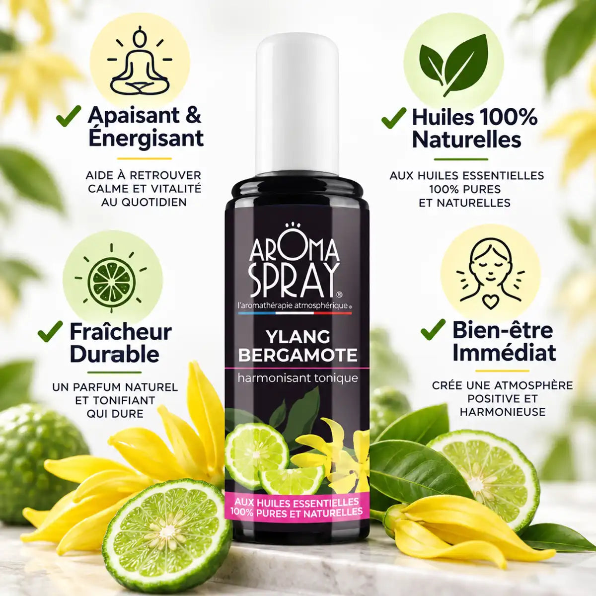 Aromaspray Ylang Bergamotte 100ml - Spray tonique naturel apaisant énergisant bien-être