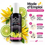 Aromaspray Ylang Bergamotte 100ml avec mode d'emploi, fleurs et mode d'emploi infographique