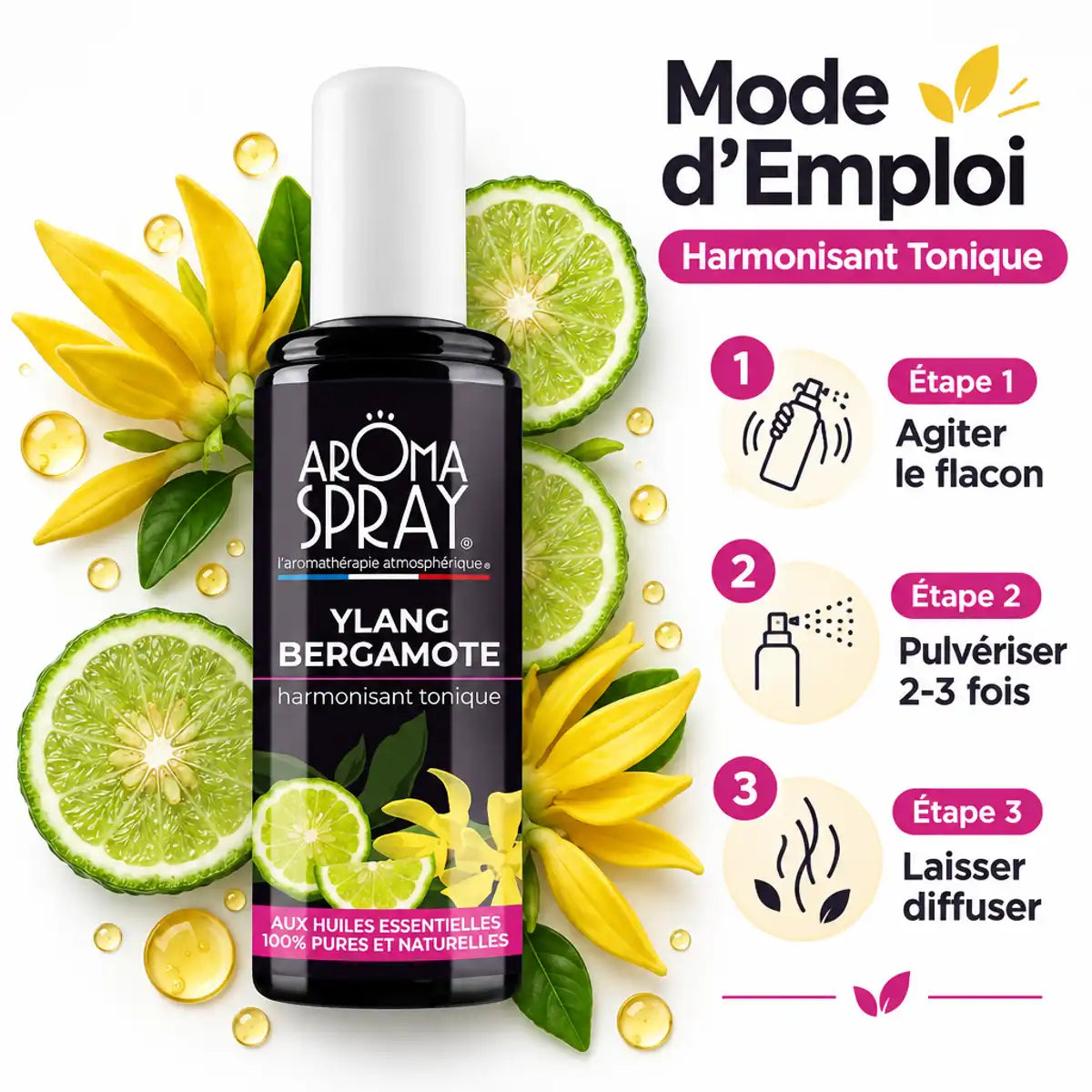 Aromaspray Ylang Bergamotte 100ml avec mode d'emploi, fleurs et mode d'emploi infographique