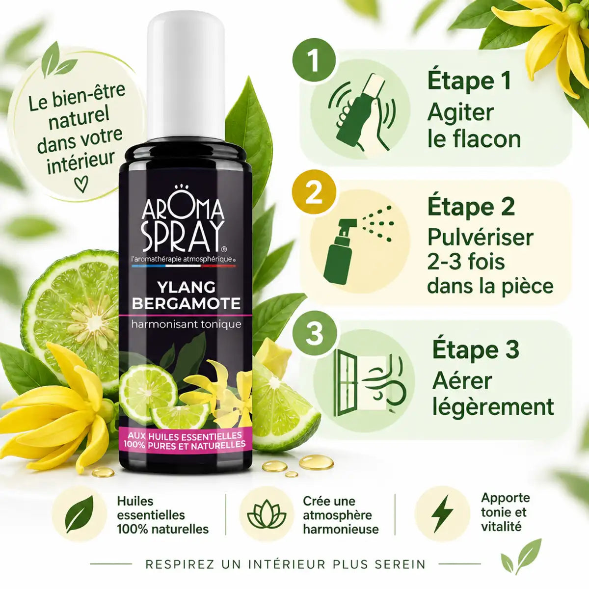 Spray aromathérapie Ylang Bergamotte 100ml avec guide d'utilisation et fleurs décoratives