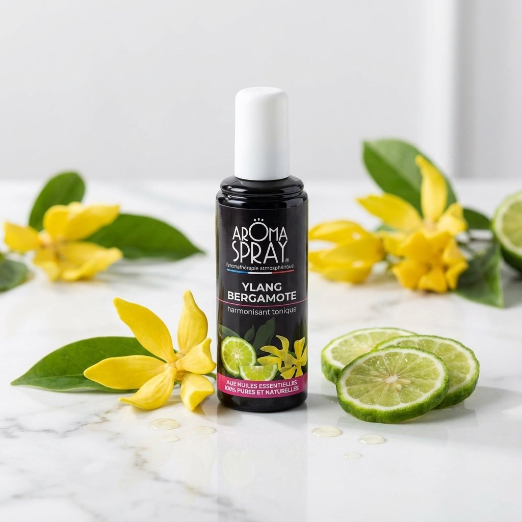 Aromaspray Ylang Bergamotte 100ml avec fleurs ylang-ylang et tranches bergamote sur marbre blanc