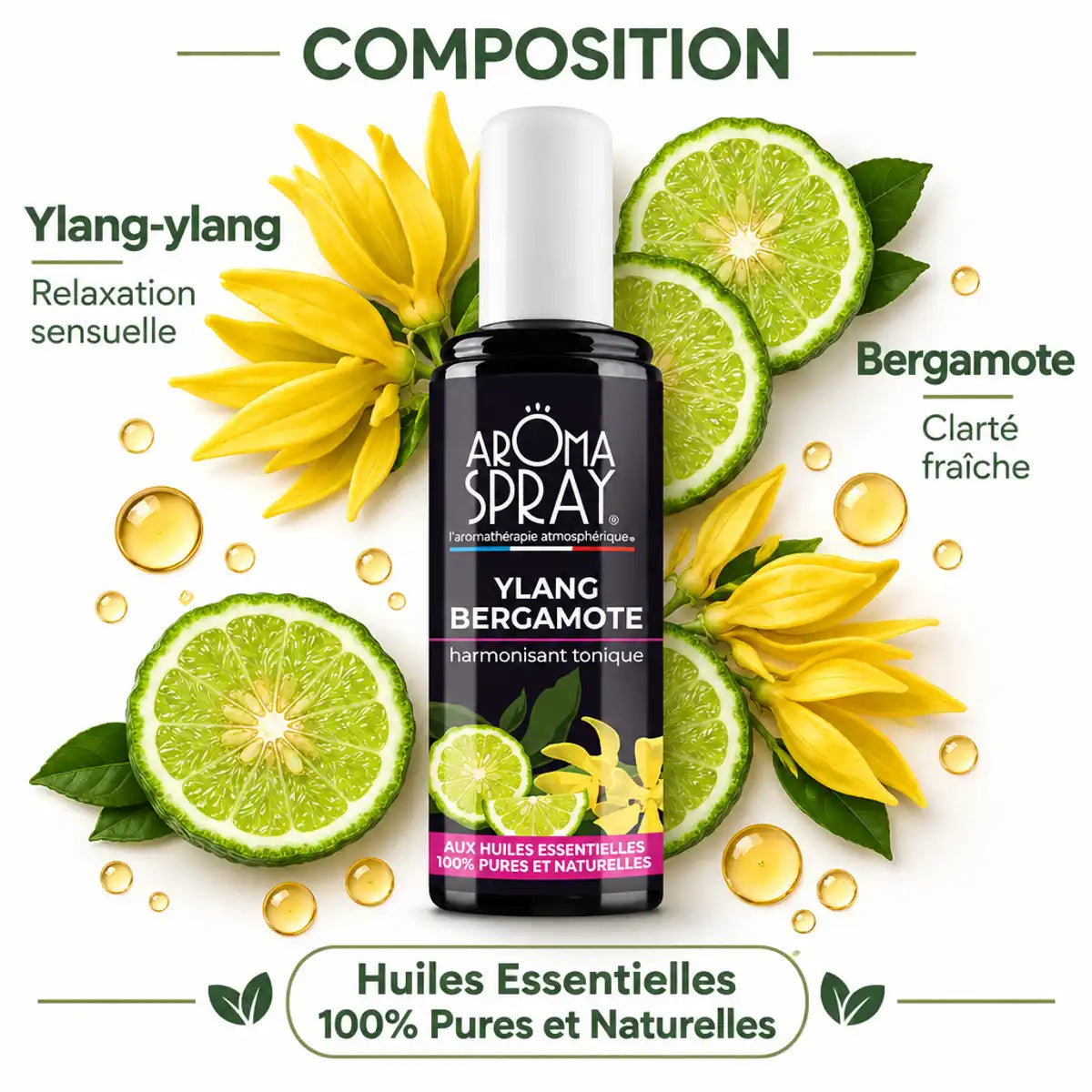 Aromaspray Ylang Bergamotte 100ml avec composition d'ingrédients naturels et huiles essentielles pures