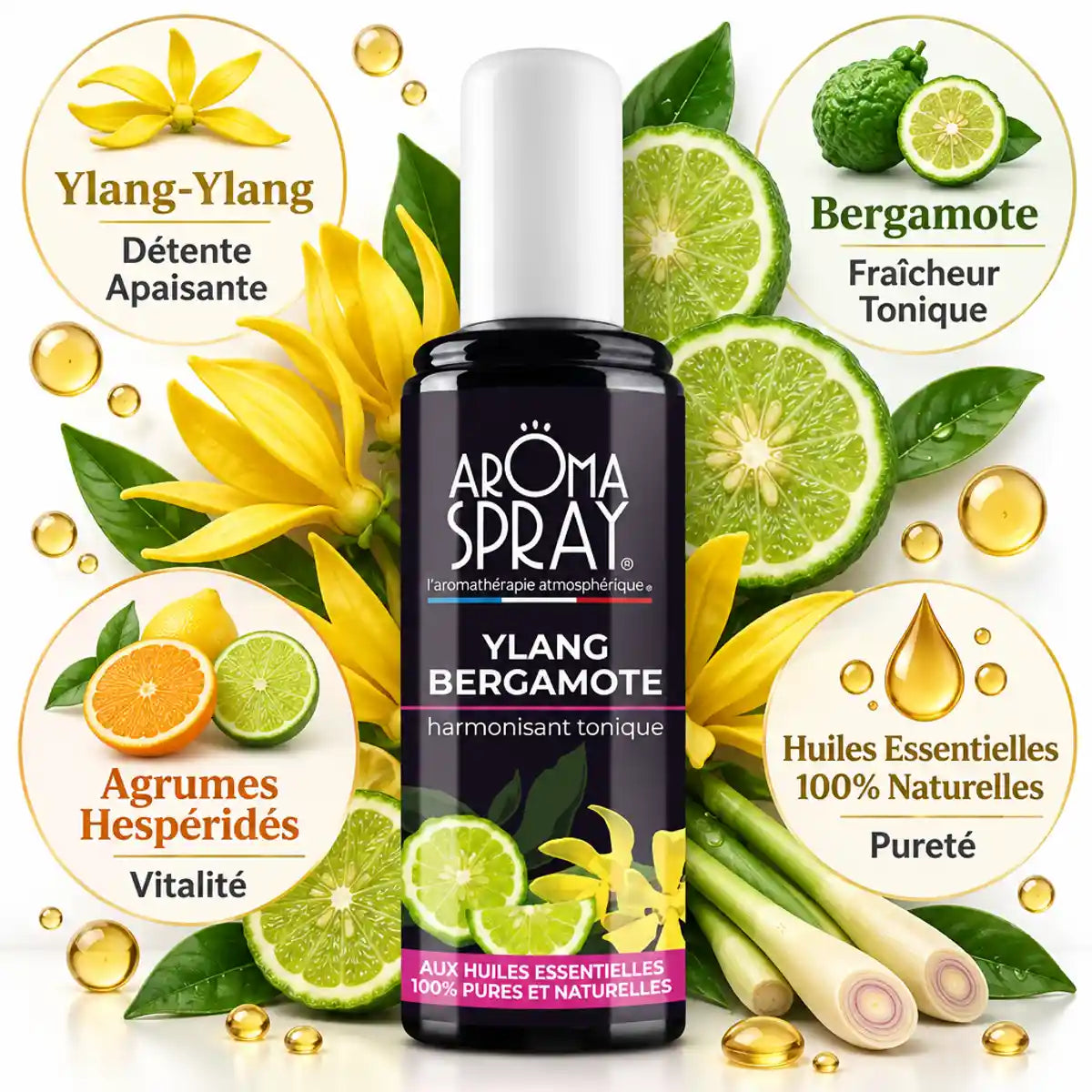 Aromaspray Ylang Bergamotte 100ml avec fleurs ylang-ylang, bergamote et huiles essentielles naturelles