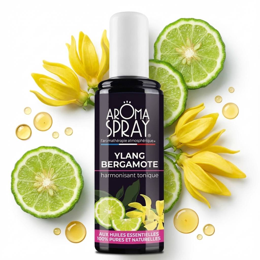 Aromaspray Ylang Bergamotte 100ml avec fleurs ylang-ylang et tranches de bergamote sur fond blanc