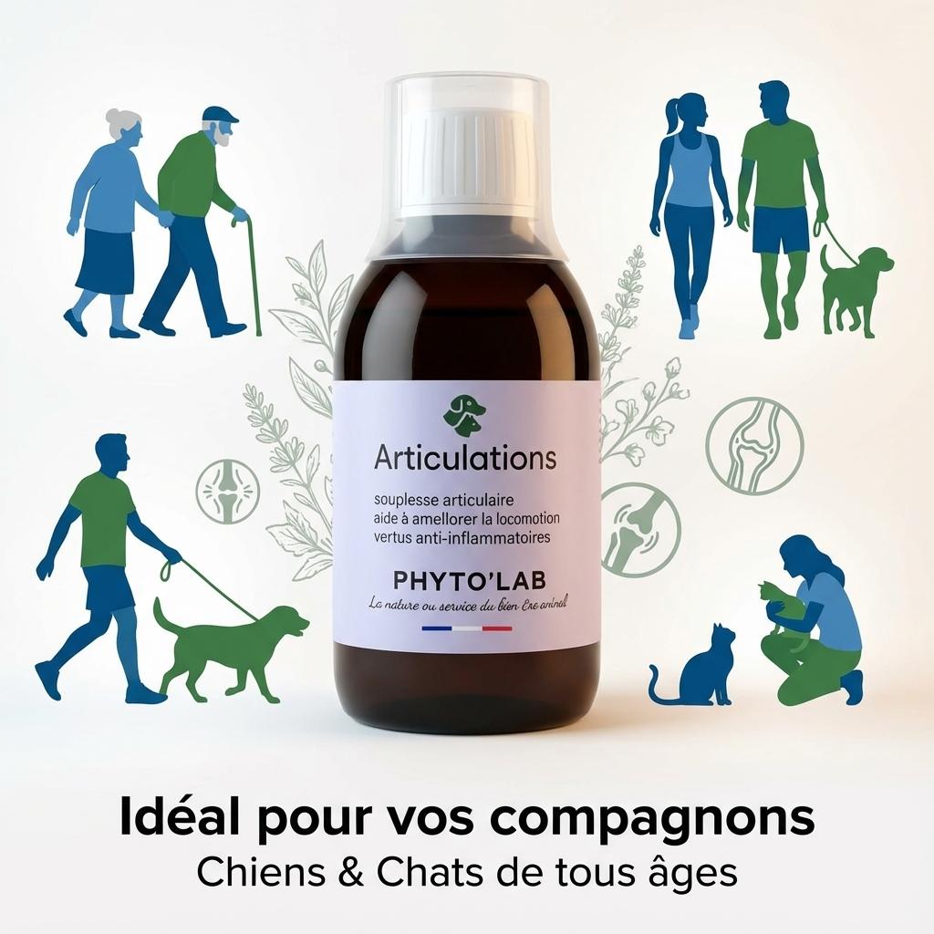 Phyto'Lab Articulations 250ml pour arthrose chien chat avec infographie santé articulaire