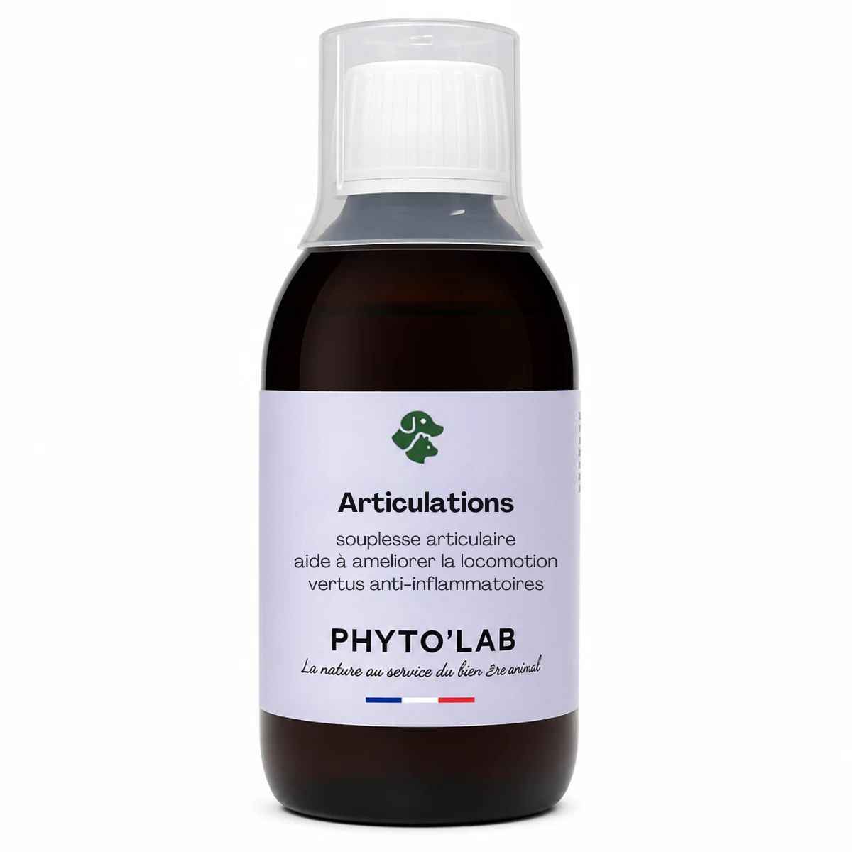 Un flacon de  250 ml d'articulations chien chat de la marque Phyto'Lab avec son bouchon doseur