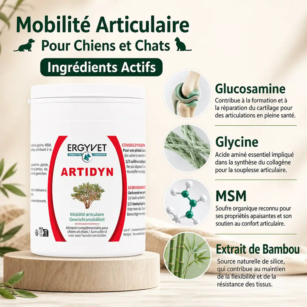 Artidyn Ergyvet 110g - Supplément mobilité articulaire chiens chats avec glucosamine et MSM