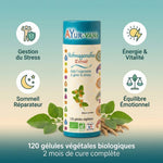 Ashwagandha Bio 120 gélules Ayur-Vana avec icônes bénéfices : stress, énergie, sommeil, équilibre émotionnel