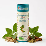 Ashwagandha Bio 120 gélules Ayur-Vana avec feuilles et racines fraîches sur fond blanc