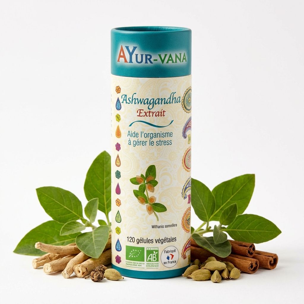 Ashwagandha Bio 120 gélules Ayur-Vana avec feuilles et racines fraîches sur fond blanc