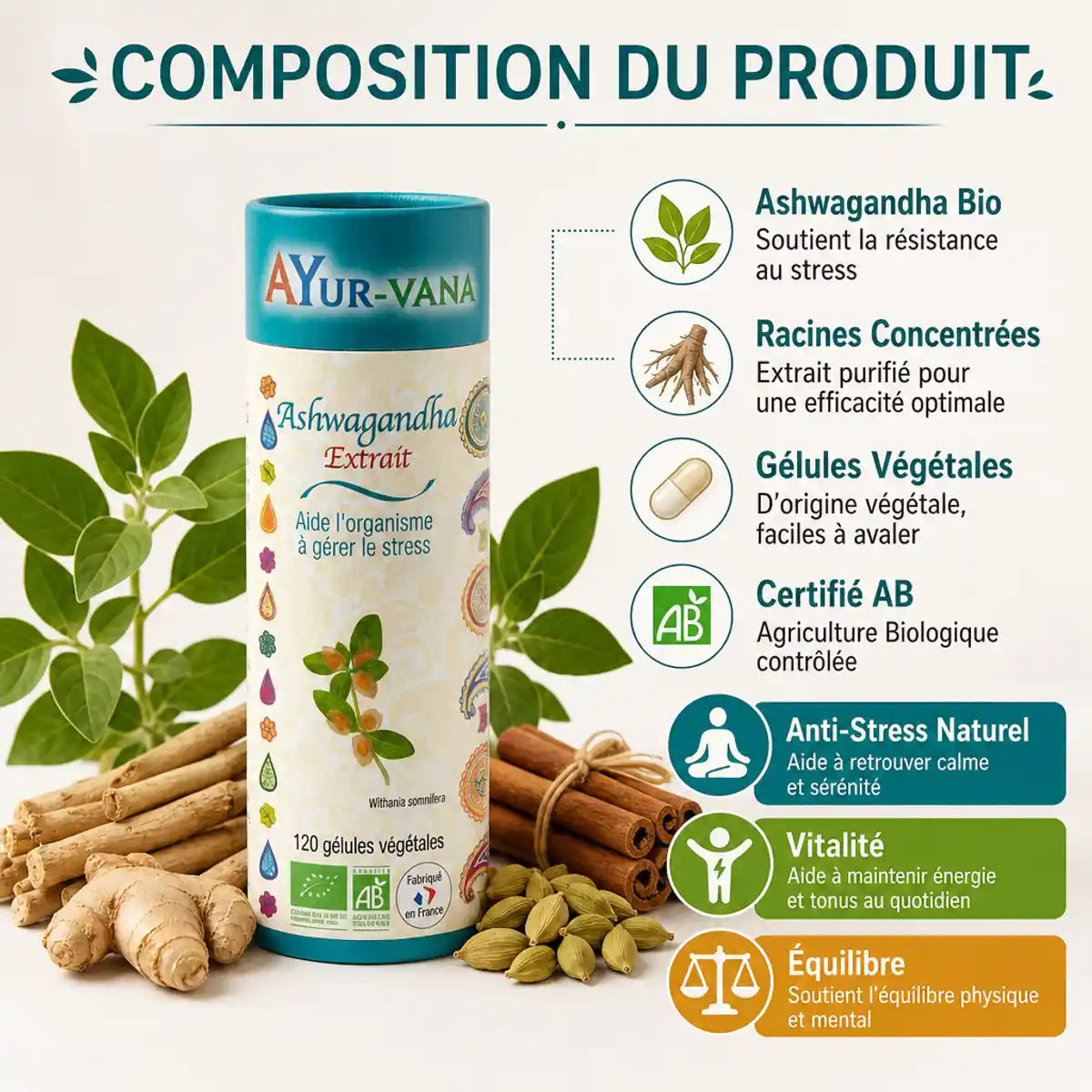 Ashwagandha Bio 120 gélules Ayur-Vana avec ingrédients naturels, anti-stress et vitalité