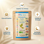 Ashwagandha Bio 150g Ayur-Vana avec icônes bénéfices : stress, énergie, sommeil, immunité, concentration