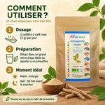Sachet Ashwagandha Bio Ayur-Vana 150 g à côté de trois étapes de dosage, préparation et moment idéal de prise