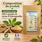 Poudre d'ashwagandha bio Ayur-Vana 150 g en sachet, avec infographie sur la composition : racine d'ashwagandha 100 % pure, certifiée AB, fabriquée en France