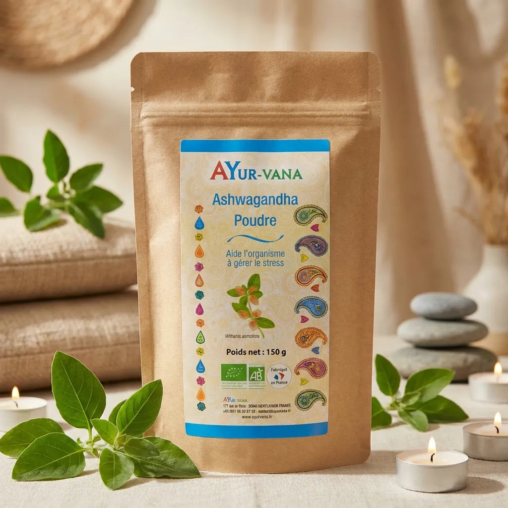 Ashwagandha Bio Ayur-Vana 150g poudre sachet wellness ambiance naturelle