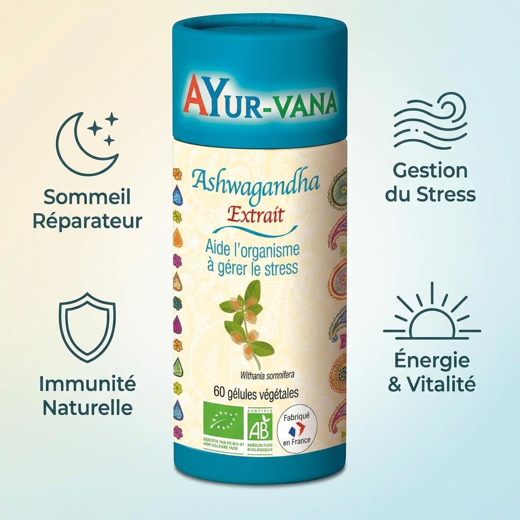 Ashwagandha Bio 60 gélules Ayur-Vana avec bénéfices stress, énergie, sommeil et immunité