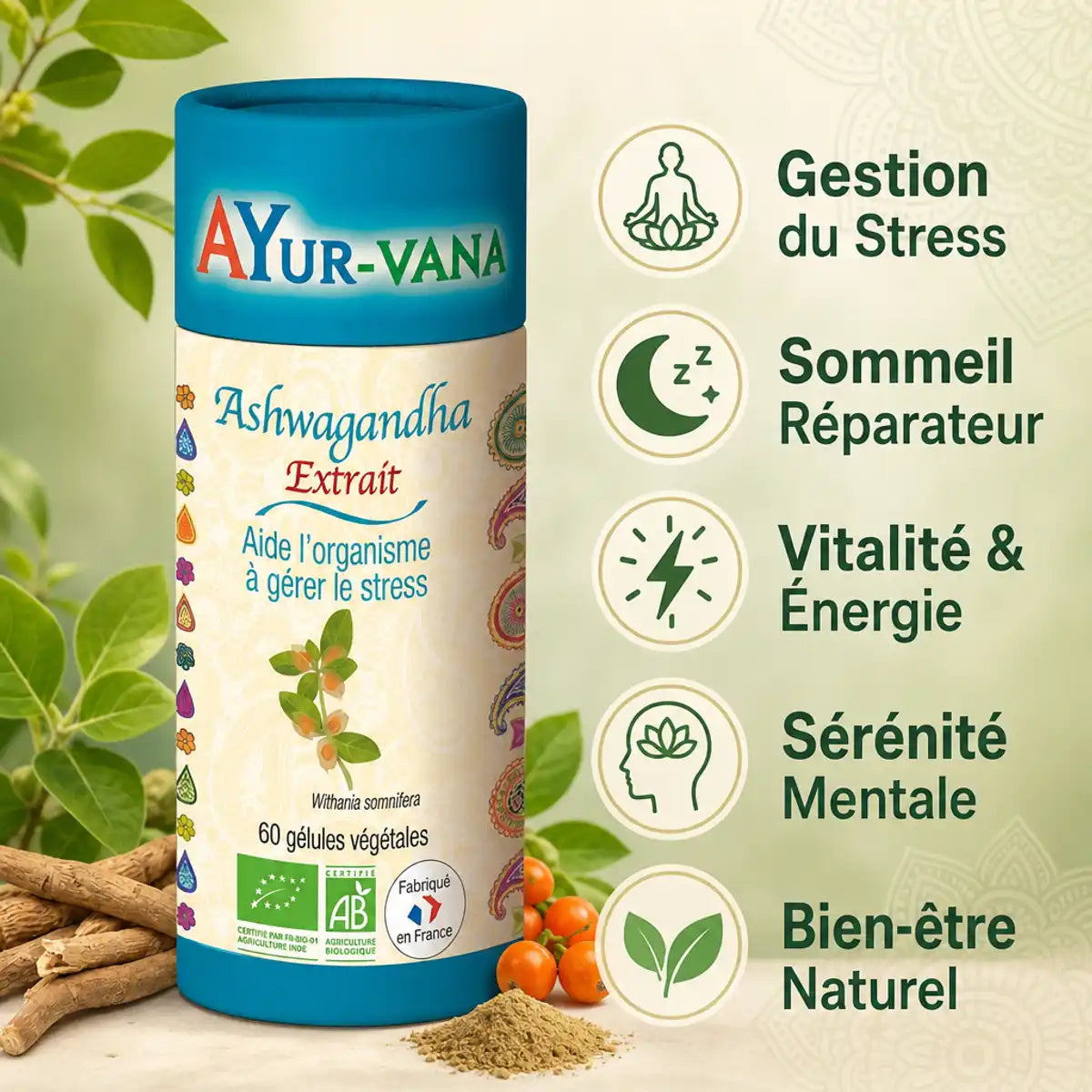 Ashwagandha Bio 60 gélules Ayur-Vana avec bénéfices : stress, sommeil, vitalité, sérénité, bien-être naturel
