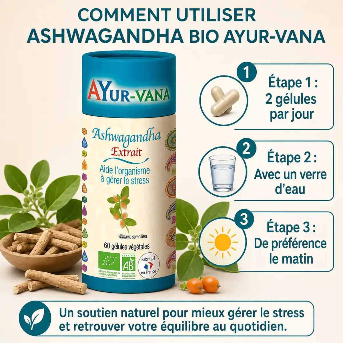 Ashwagandha Bio 60 gélules Ayur-Vana avec instructions d'usage: 2 gélules par jour à l'eau le matin