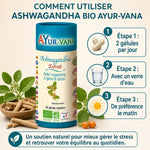 Ashwagandha Bio 60 gélules Ayur-Vana avec instructions d'usage: 2 gélules par jour à l'eau le matin