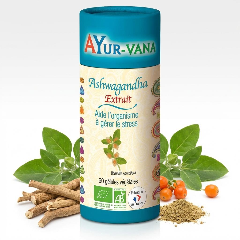 Ashwagandha Bio 60 gélules Ayur-Vana avec feuilles et ingrédients naturels sur fond blanc