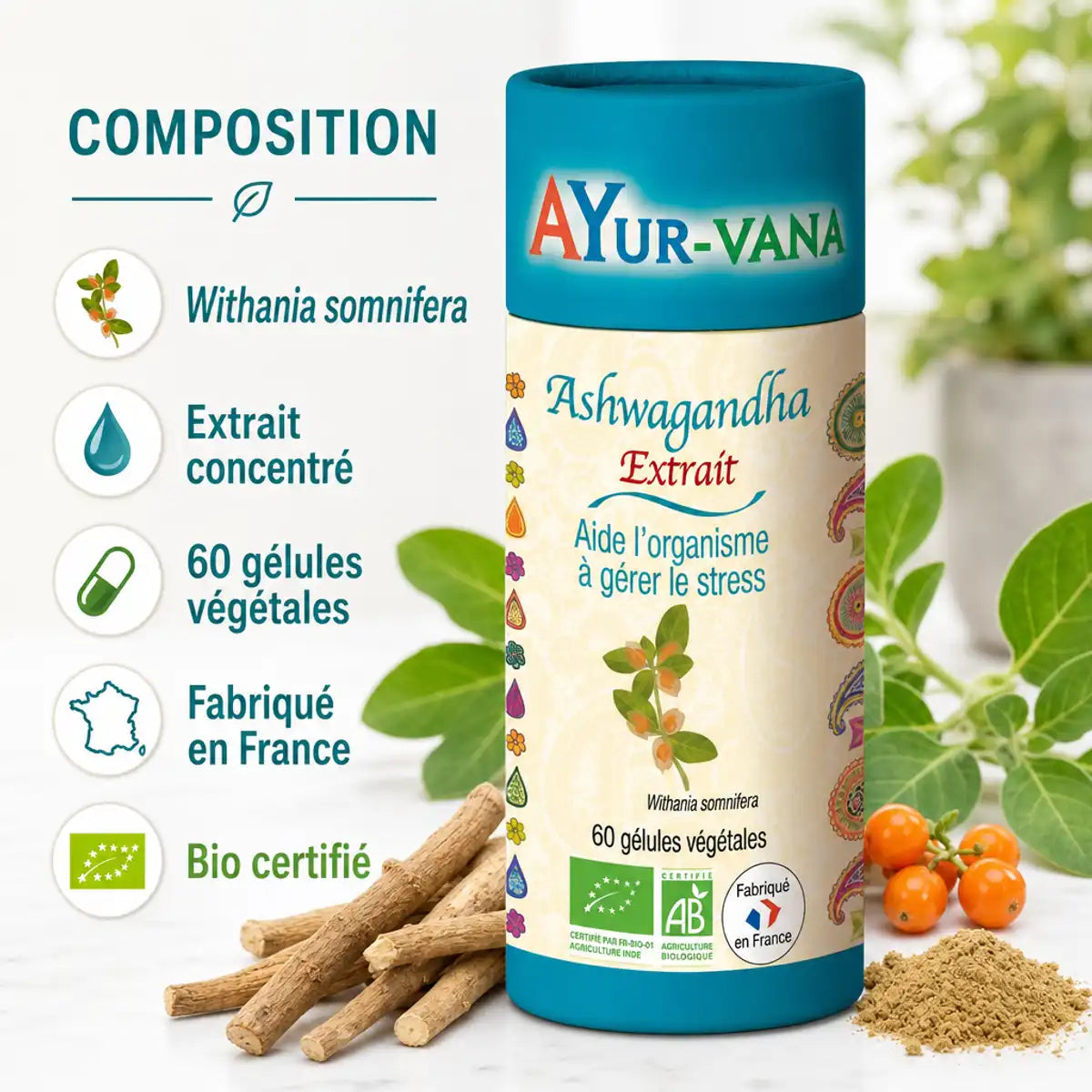 Ashwagandha Bio 60 gélules Ayur-Vana avec ingrédients naturels et composition détaillée sur fond blanc