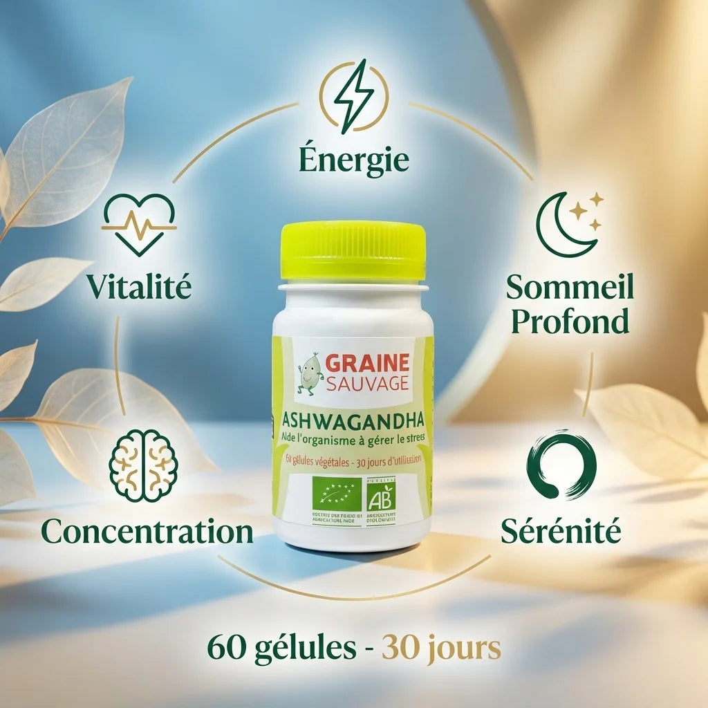 Ashwagandha Bio 60 gélules Graine Sauvage avec icônes bénéfices : énergie, sommeil, sérénité, concentration, vitalité