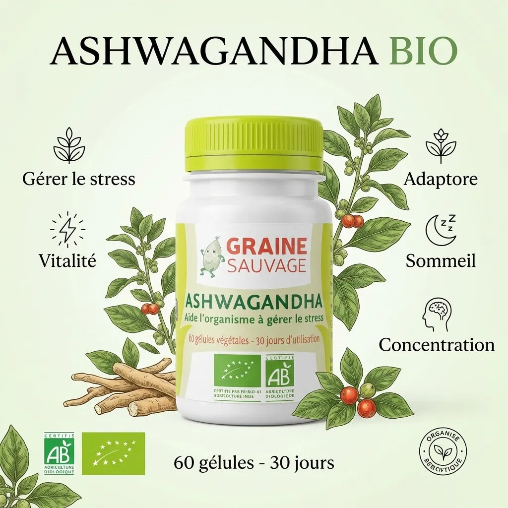 Ashwagandha Bio 60 gélules Graine Sauvage - flacon avec plante adaptogène et certifications biologiques