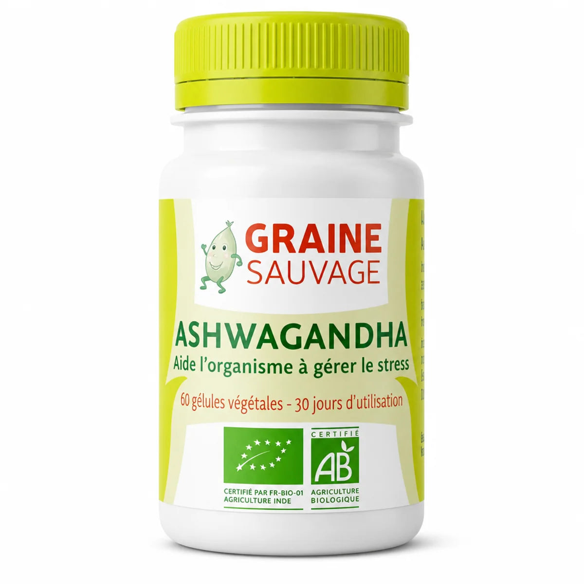 Ashwagandha Bio 60 gélules Graine Sauvage - Flacon blanc certifié AB sur fond blanc