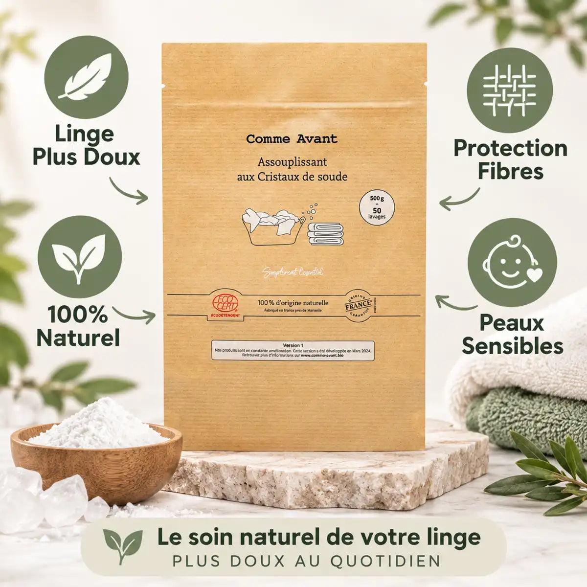 Assouplissant poudre cristaux de soude Comme Avant 500g avec bénéfices naturels linge doux peaux sensibles