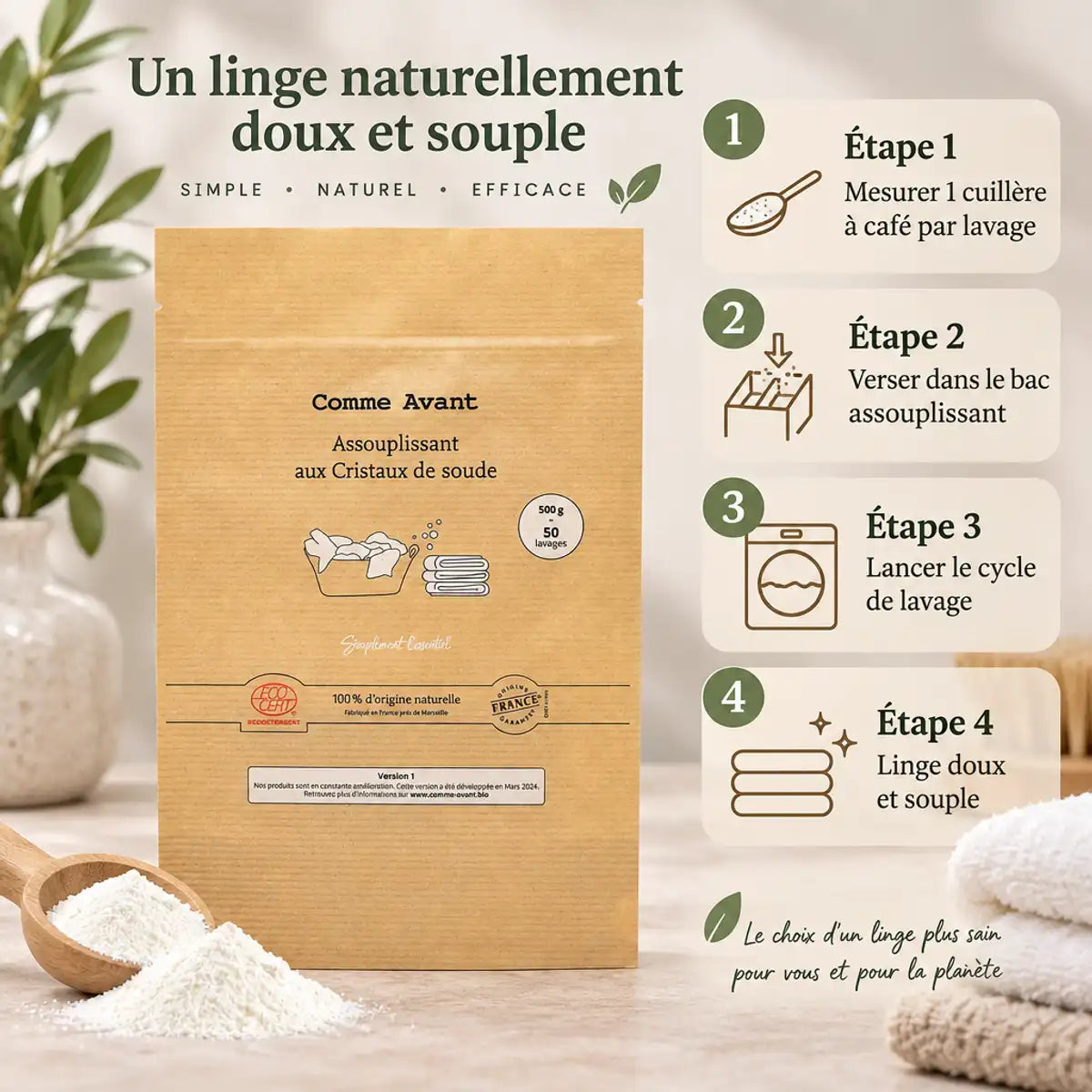 Assouplissant poudre Comme Avant 500g avec guide d'utilisation en 4 étapes pour linge doux