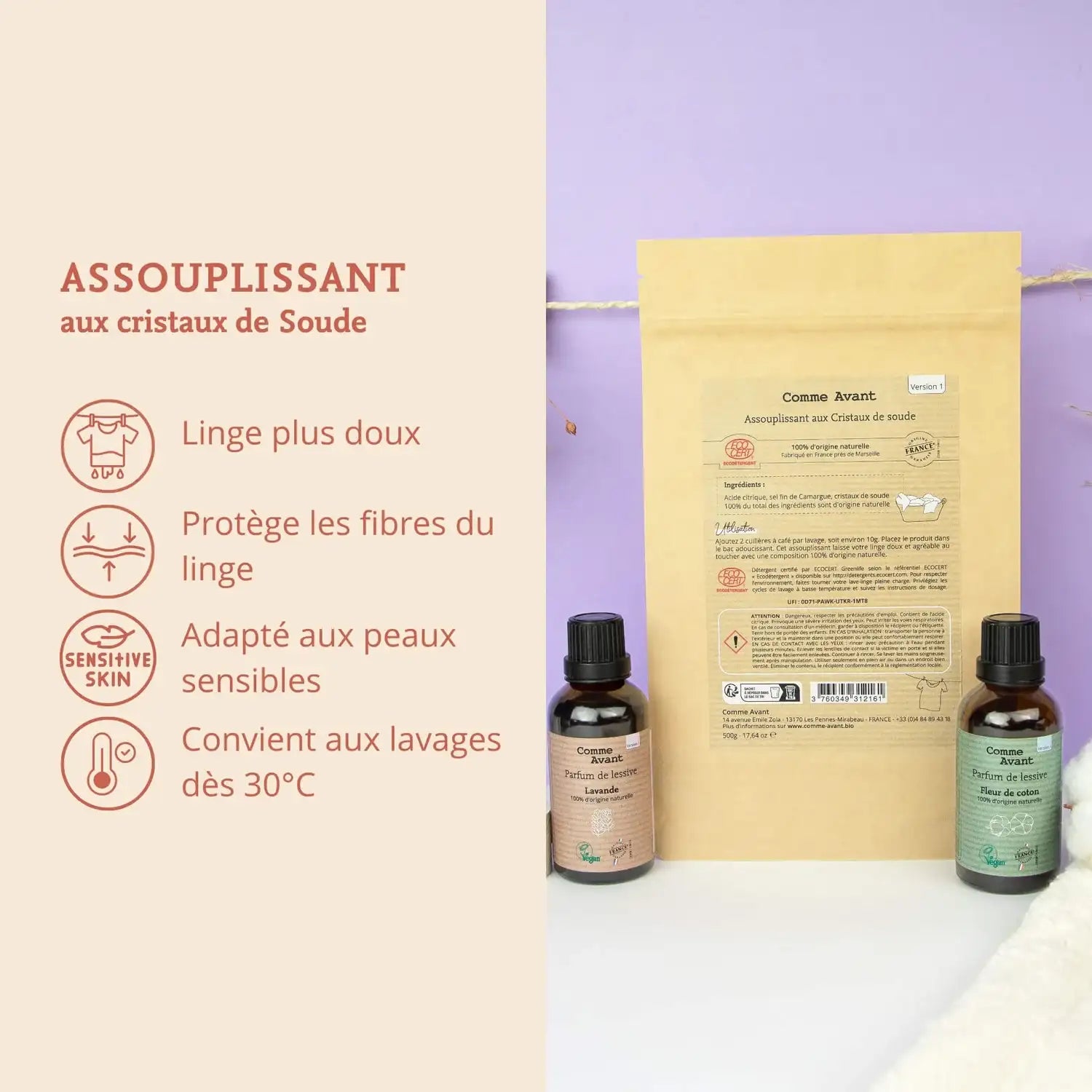 Les avantages de l'assouplissant en poudre aux cristaux de soude de 500 g de la marque Comme Avant