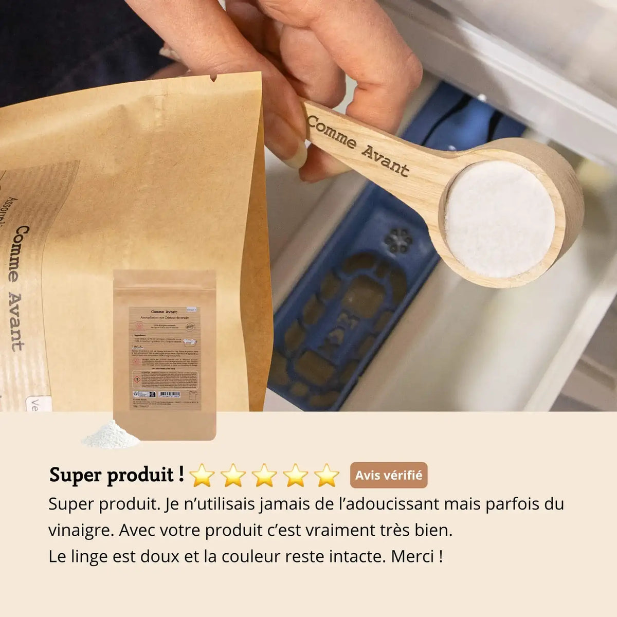 Les avis sur l'assouplissant en poudre aux cristaux de soude de la marque Comme Avant