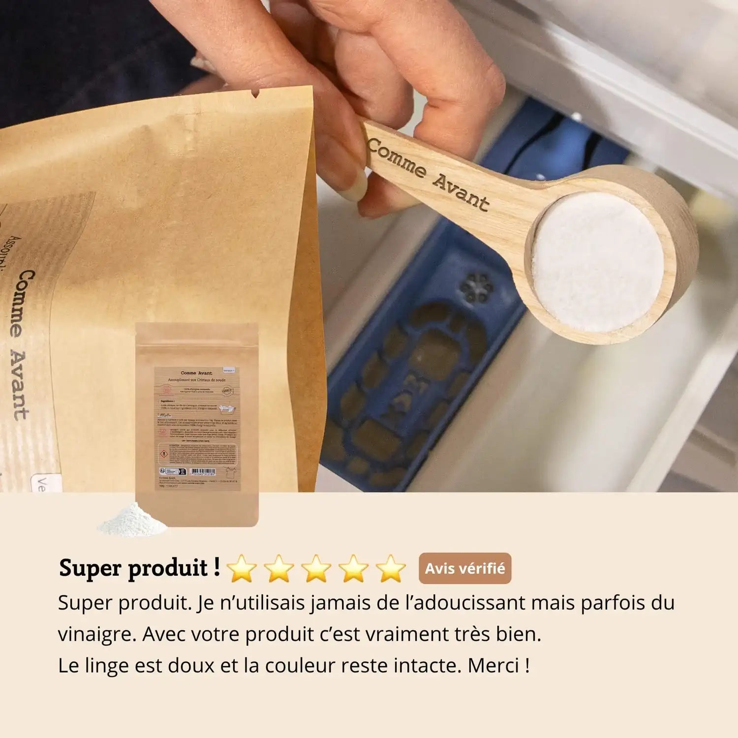 Les avis sur l'assouplissant en poudre aux cristaux de soude de la marque Comme Avant
