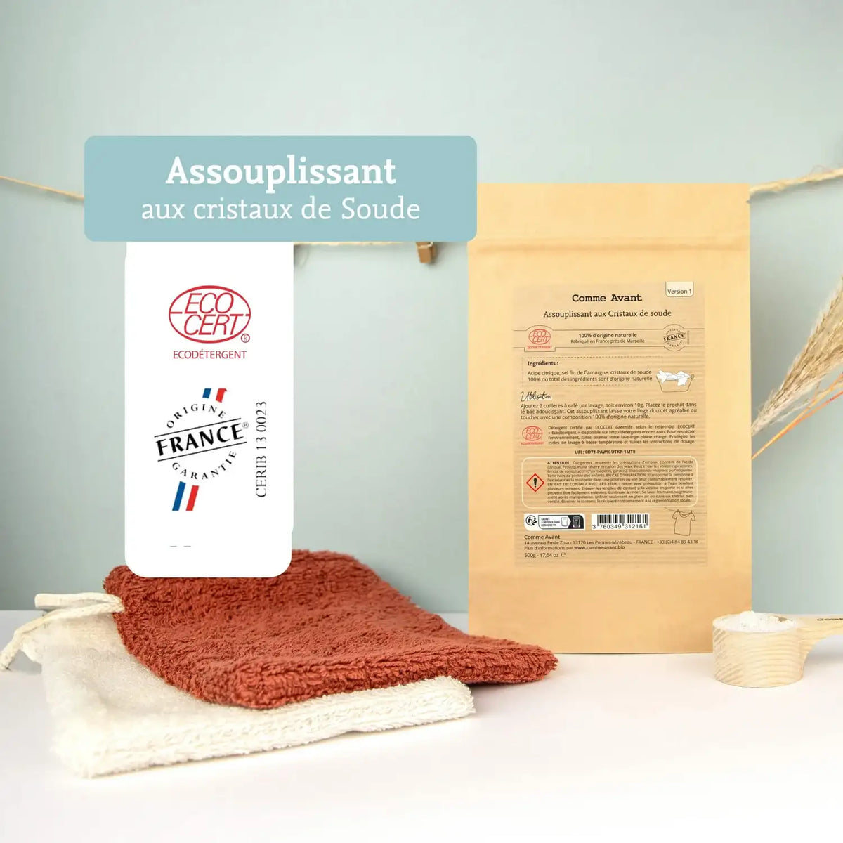 Les labels et certifications de l'assouplissant en poudre aux cristaux de soude Comme Avant