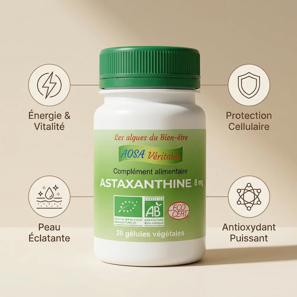 Astaxanthine bio 30 gélules Aosa avec infographie des bénéfices : énergie, protection cellulaire, antioxydant puissant