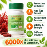 Bouteille Astaxanthine bio 30 gélules Aosa Véritable avec icônes bénéfices santé et antioxydant