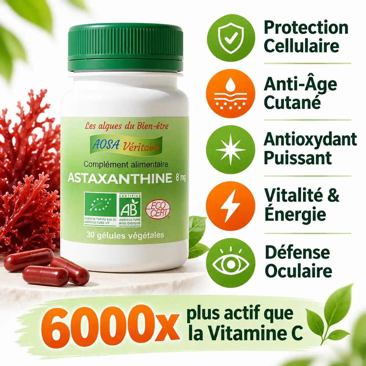 Bouteille Astaxanthine bio 30 gélules Aosa Véritable avec icônes bénéfices santé et antioxydant