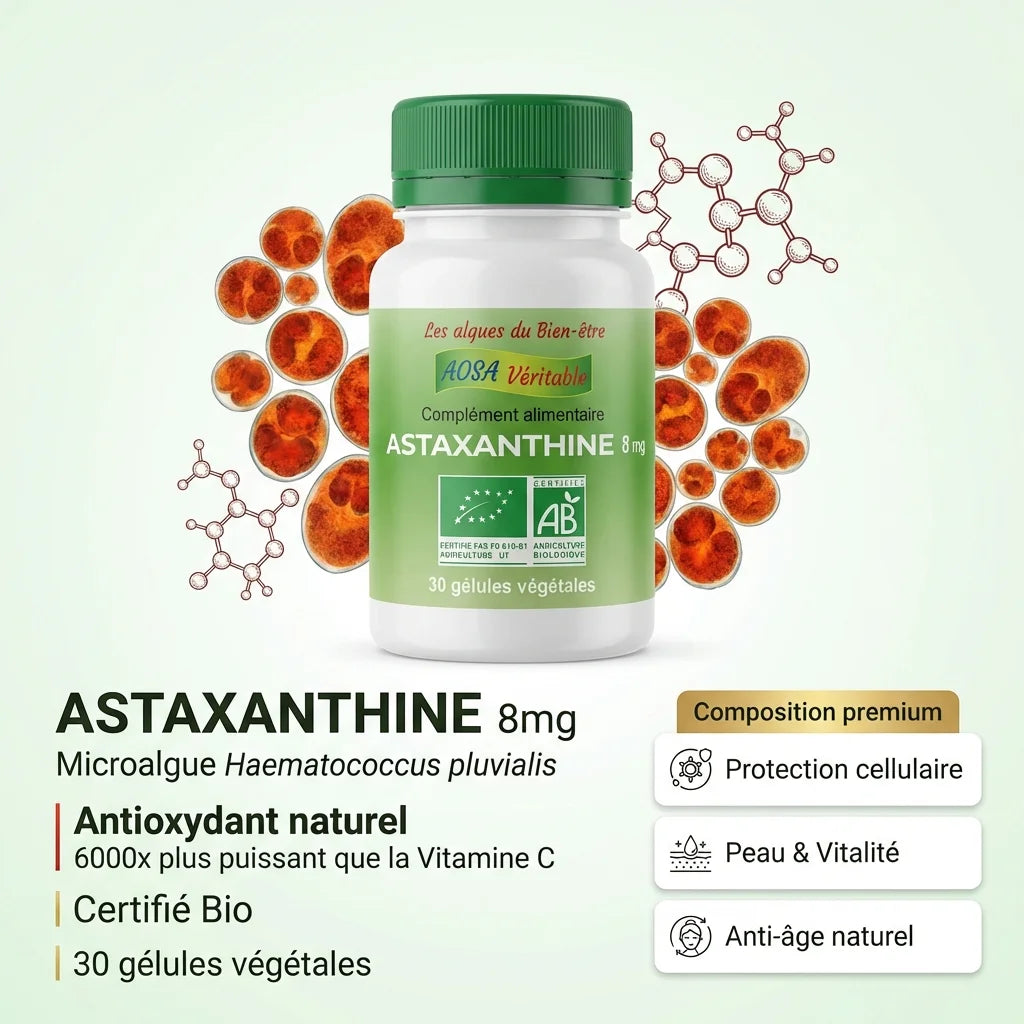 Astaxanthine bio Aosa Véritable 8mg - 30 gélules avec microalgue Haematococcus pluvialis antioxydant naturel