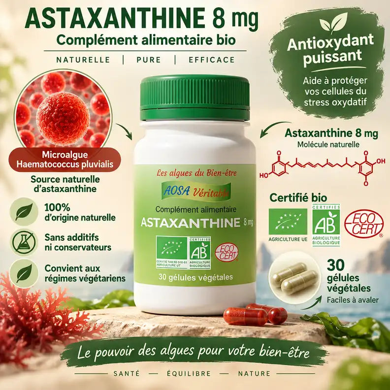 Astaxanthine bio 8mg Aosa Véritable 30 gélules complément alimentaire antioxydant microalgue