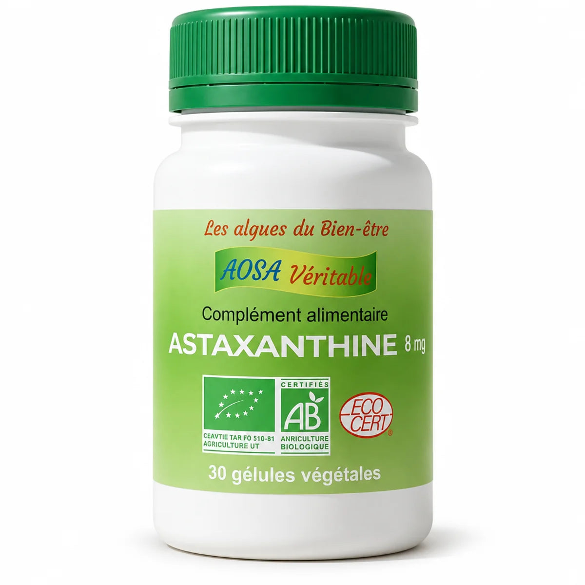 Bouteille Astaxanthine bio 8mg Aosa Véritable 30 gélules végétales avec label vert et certifications AB