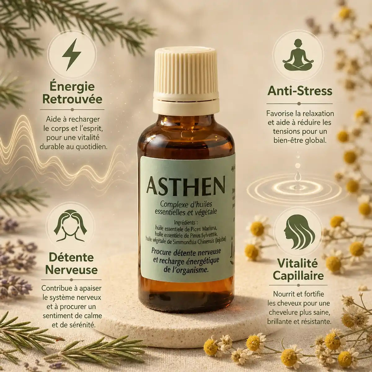 Asthen complexe d'huiles essentielles surrénales 30ml avec bénéfices santé énergie anti-stress détente
