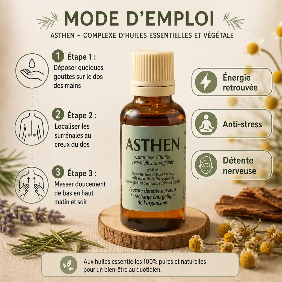 Asthen huile essentielle surrénales 30ml avec guide application massage Jade Recherche