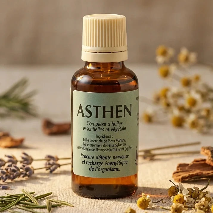 Asthen complexe d'huiles essentielles surrénales 30ml Jade Recherche sur bureau wellness avec botaniques séchées
