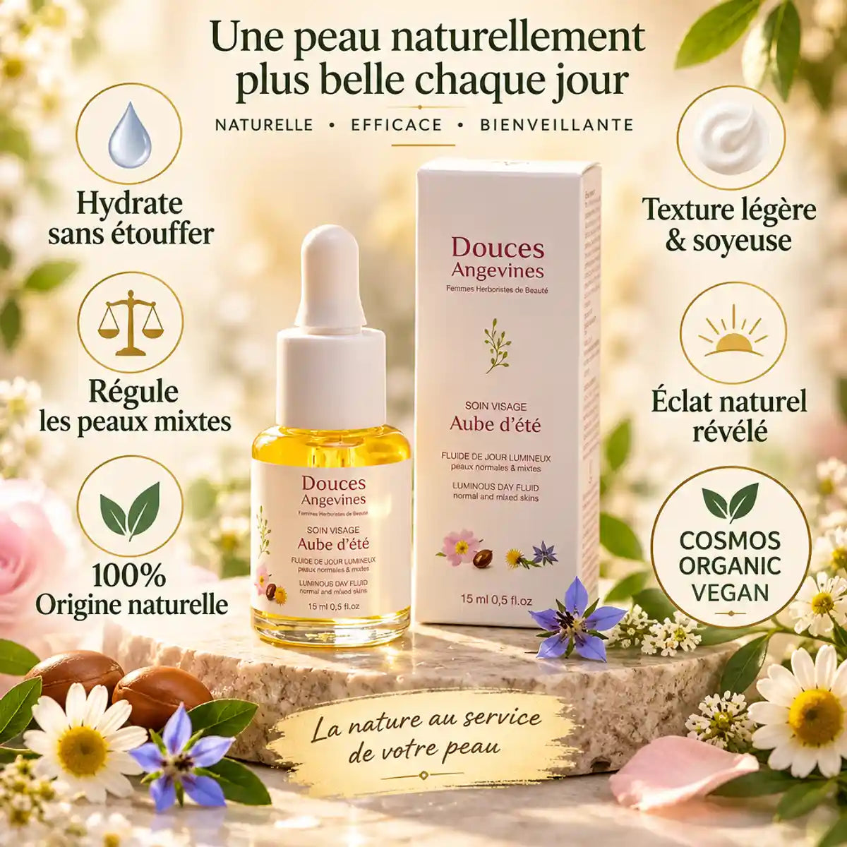 Soin visage jour Aube d'été Douces Angevines avec bénéfices hydratants et certifications bio vegan