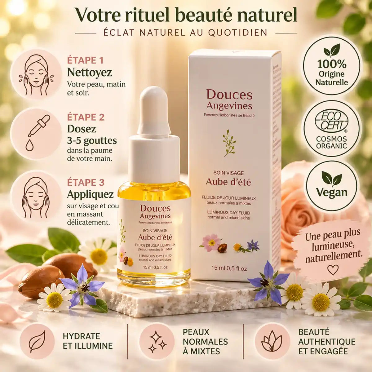 Aube d'été Soin Visage Jour Douces Angevines flacon avec guide utilisation étapes naturel
